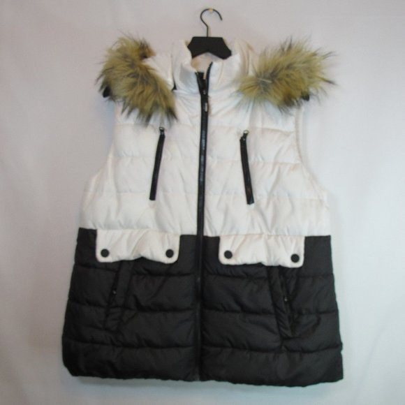 Calvin Klein Jackets & Blazers - Calvin Klein Black White Puffer Vest Faux Fur Trim Hood
